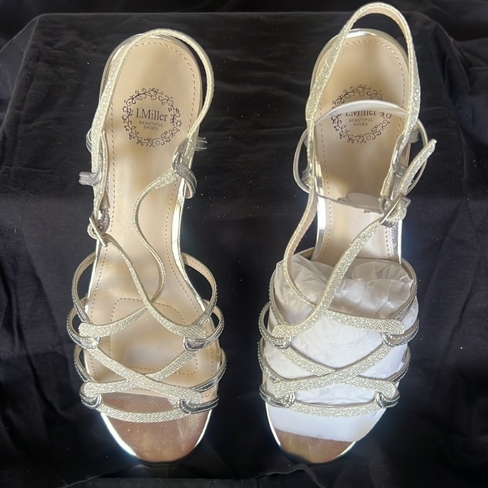 NWT Original Box I. Miller Two-Tone Silver Strappy Dressy Wedges. Size 7 - Picture 3 of 10